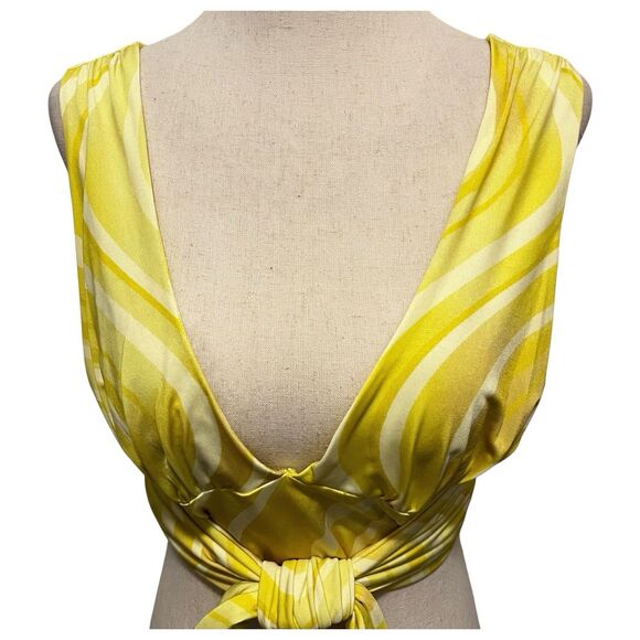 New Urban Outfitter Yellow Swirl Plunge Neckline Crossed Tie Back Crop Top SmalL - Picture 2 of 11